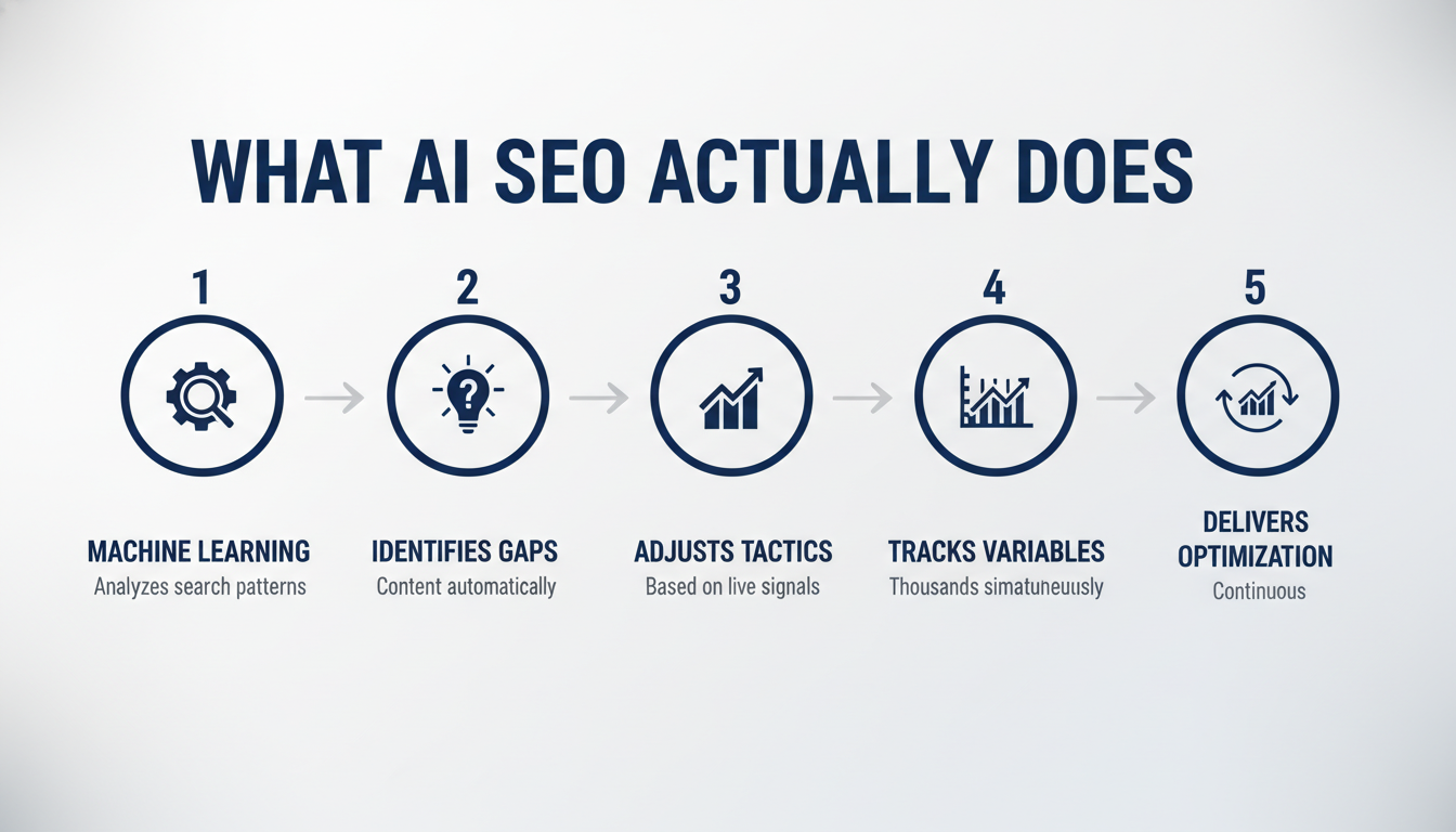 Five-step AI SEO process flow diagram: analyze patterns, identify gaps, adjust tactics, track variables, optimize continuously