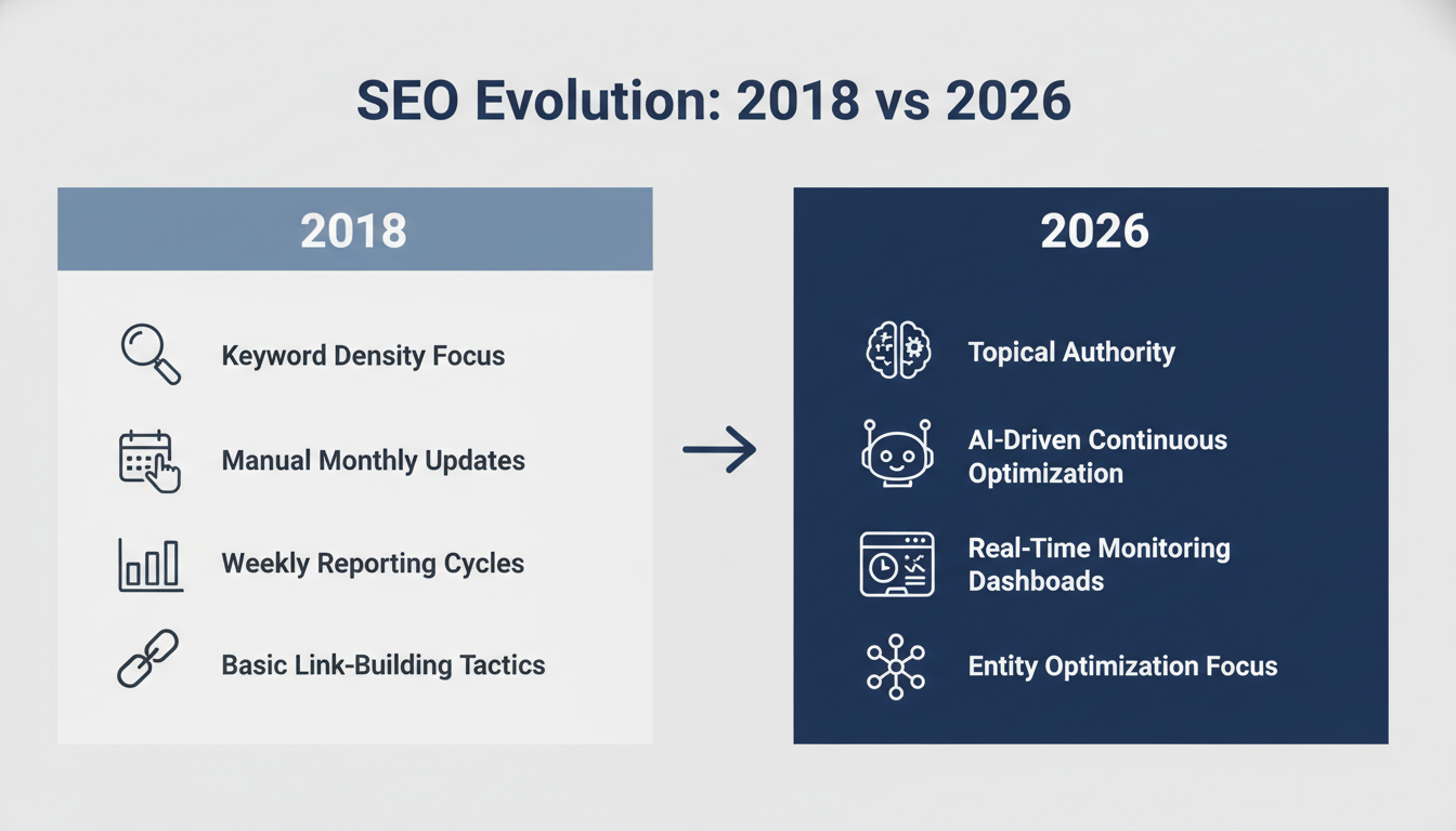 SEO evolution comparison: 2018 versus 2026 strategy differences, topical authority and AI optimization