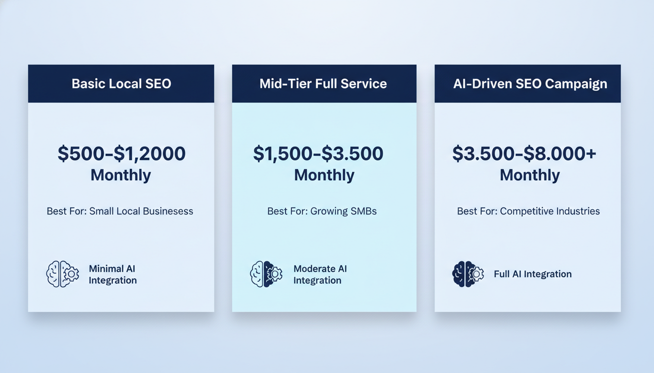 Three-tier SEO pricing breakdown: Basic Local, Mid-Tier, and AI-Driven campaigns with cost ranges