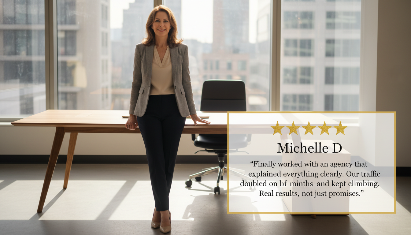 Client testimonial: Michelle D. gives 5-star review of SEO agency results and transparent communication