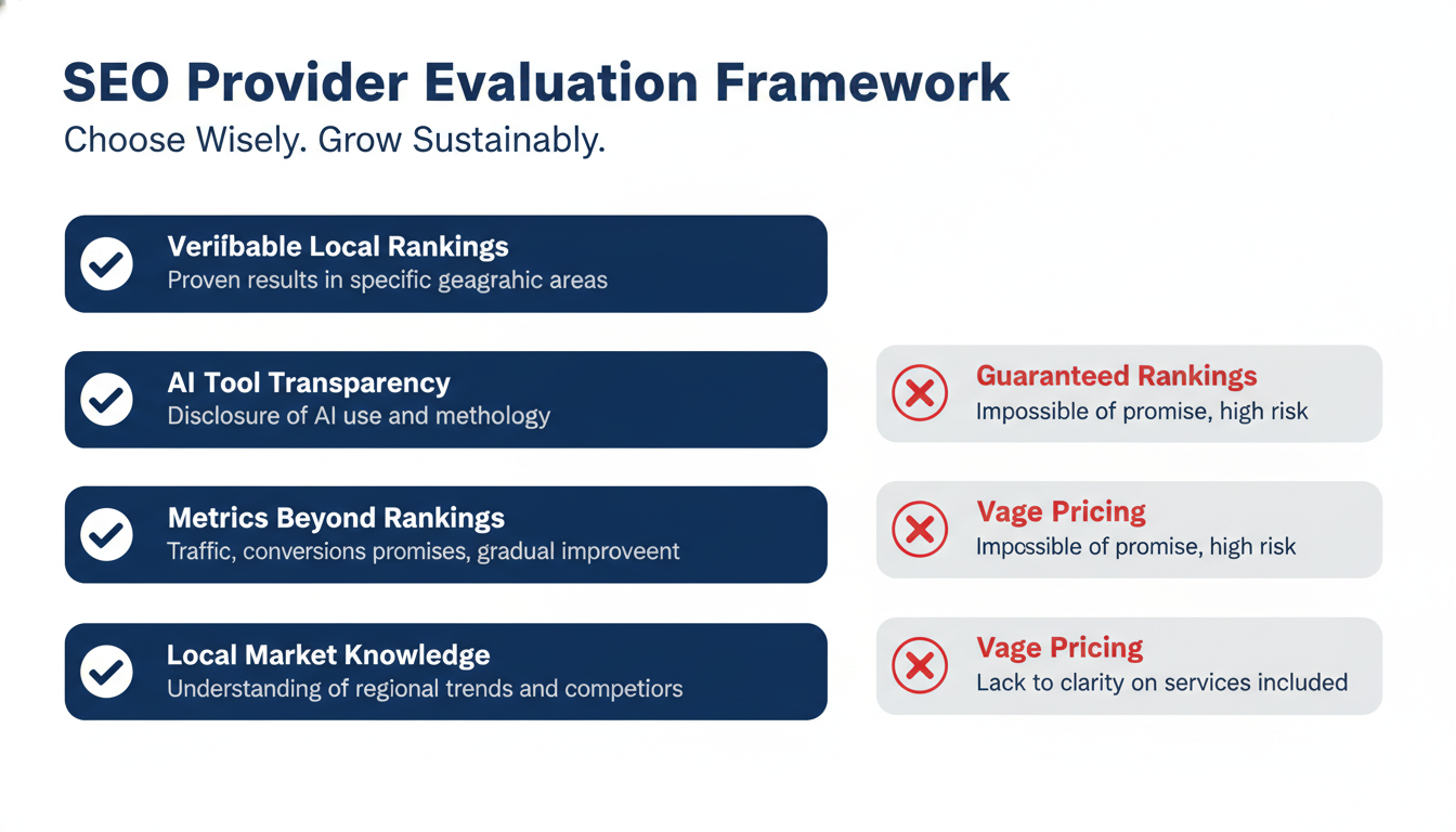 SEO provider evaluation checklist: verifiable rankings, AI transparency, realistic timelines, local market knowledge criteria.