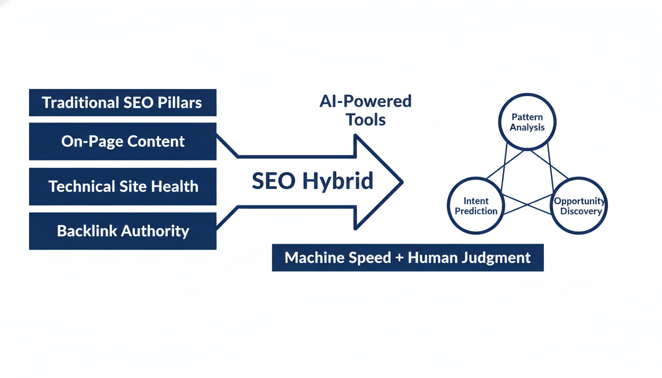 SEO Hybrid methodology diagram: traditional SEO pillars merging with AI tools, showing machine speed plus human judgment approach.