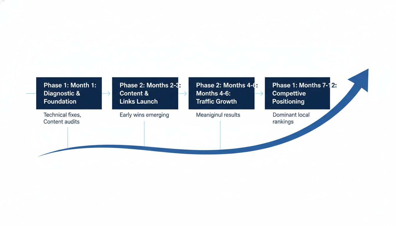 Timeline infographic: SEO Hybrid 6-12 month process from foundation through competitive positioning, growth curve visualization.