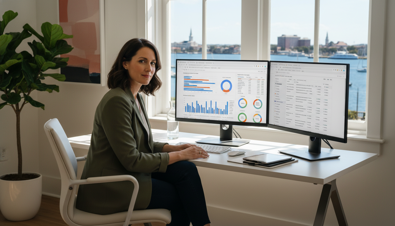 SEO strategist at modern office desk with analytics displays, Charleston skyline visible through windows, professional digital marketing environment.