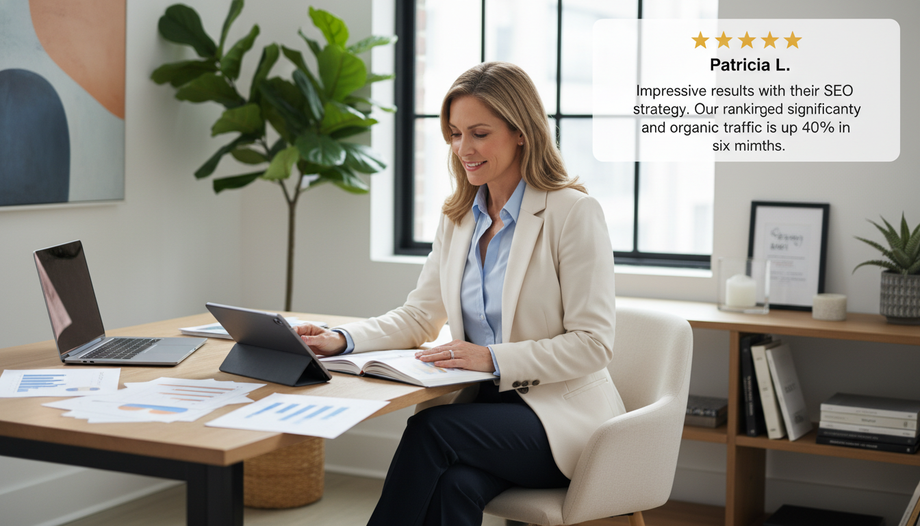 Business owner testimonial: satisfied Charleston client praising SEO results, 5-star review, organic traffic growth success story.