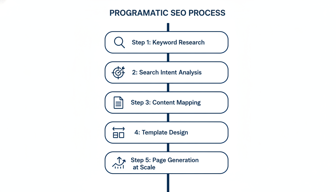 Five-step programmatic SEO process flow: research, intent analysis, mapping, design, generation
