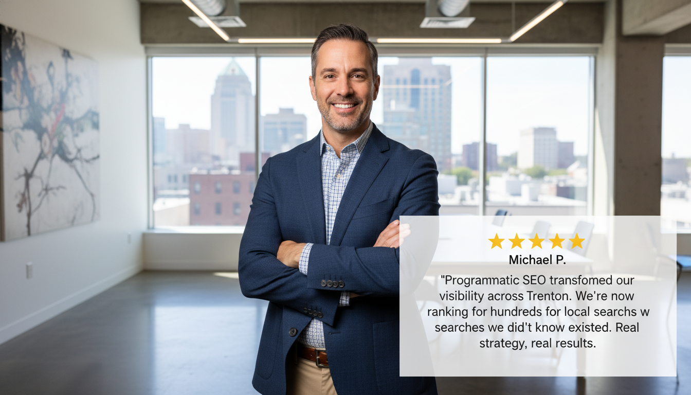 Satisfied business owner with 5-star review praising programmatic SEO results in Trenton