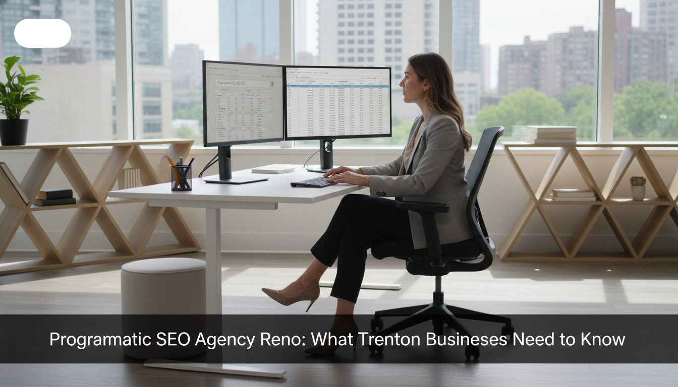 SEO consultant analyzing programmatic strategy data on office monitors, Programmatic SEO, Trenton NJ