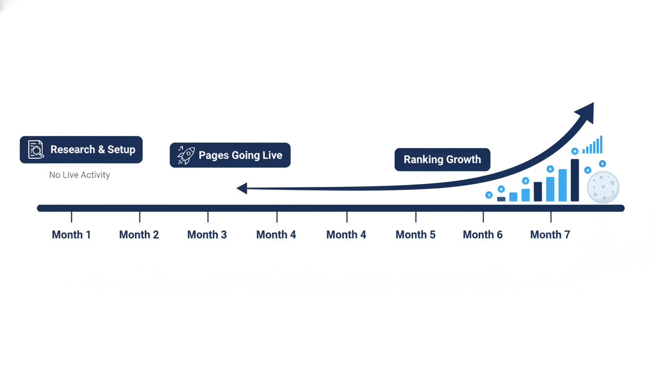 Timeline showing 7-month programmatic SEO growth from research through ranking increases