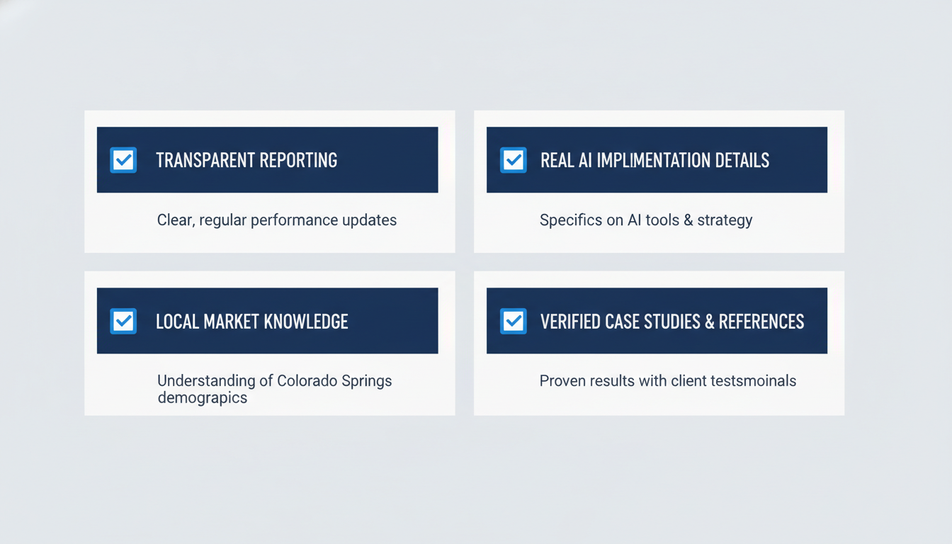 Agency selection checklist showing transparent reporting, AI implementation, local knowledge, and case study criteria