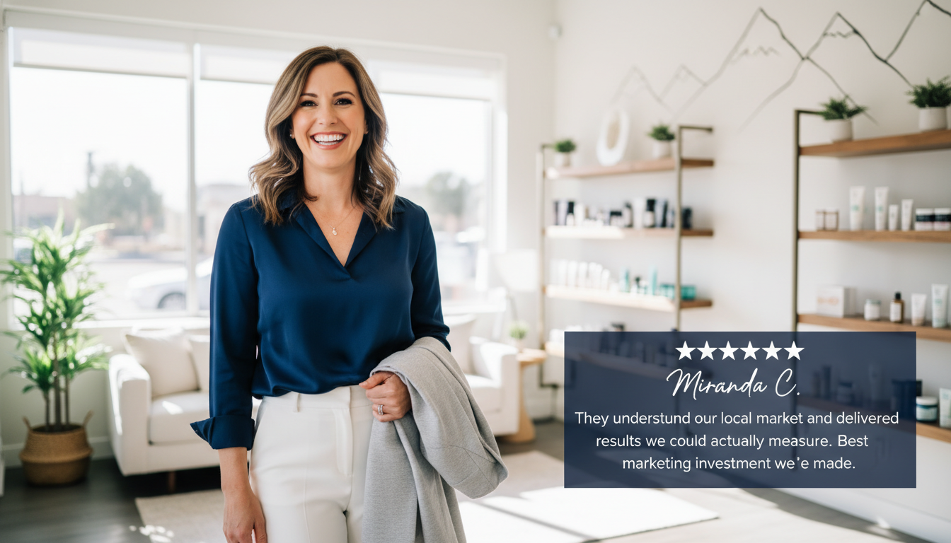 Colorado Springs business owner Miranda C. testimonial with 5-star review about measurable marketing results and local market understanding