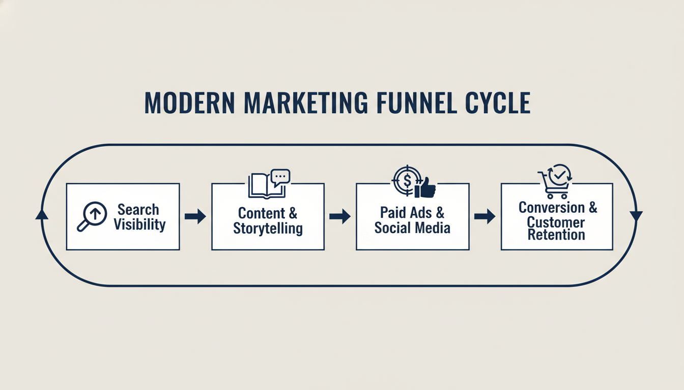 Marketing funnel diagram showing four stages from search visibility to customer retention for Colorado Springs businesses