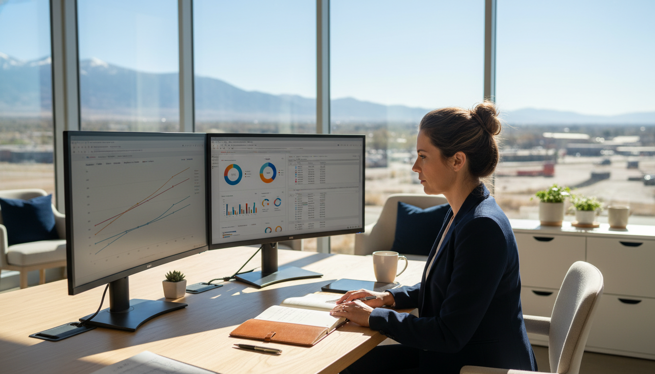 Marketing strategist analyzing campaign data on multiple monitors in modern Colorado Springs office with natural lighting and contemporary workspace