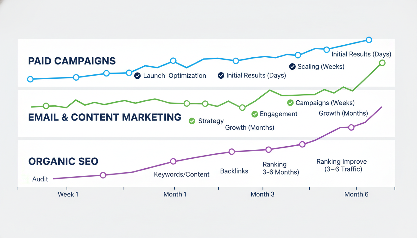 Results timeline comparison showing paid campaigns, email, and SEO marketing result duration for Colorado Springs marketing