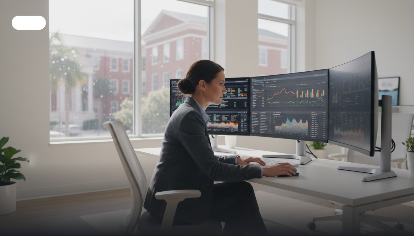 SEO strategist analyzing analytics dashboards in modern Gainesville office: AI SEO Services