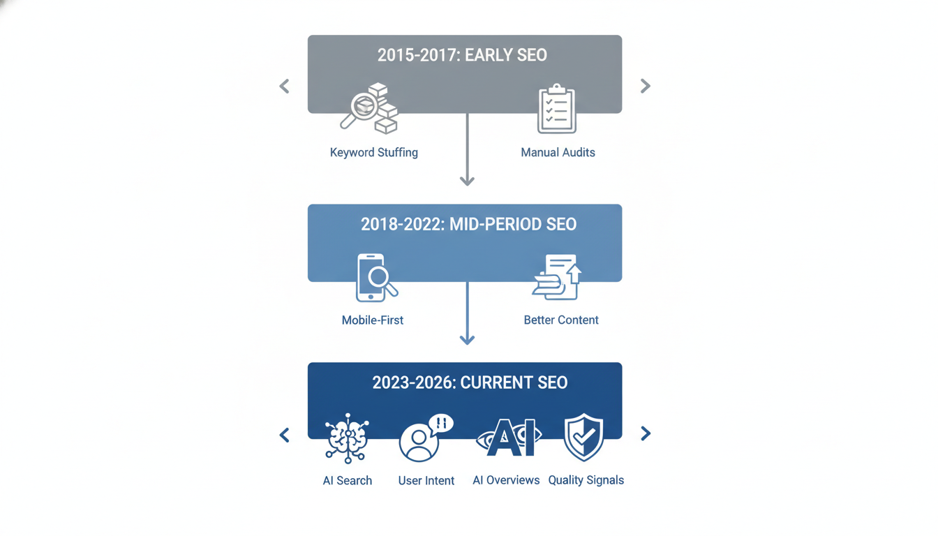 SEO evolution timeline 2015-2026 showing AI integration, Trenton SEO Hybrid development