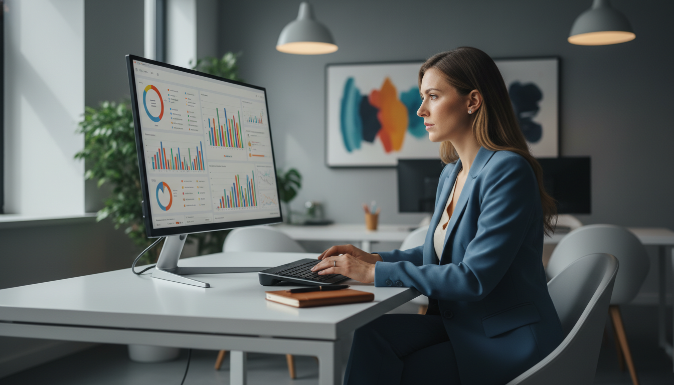 Female SEO strategist analyzing data at modern office desk, Trenton SEO Hybrid services