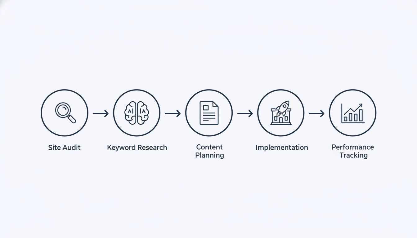 5-step AI SEO agency workflow process diagram, Trenton SEO Hybrid methodology