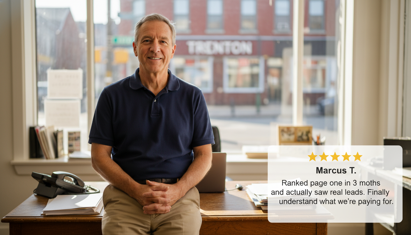 Business owner testimonial with 5-star review, Trenton SEO Hybrid results