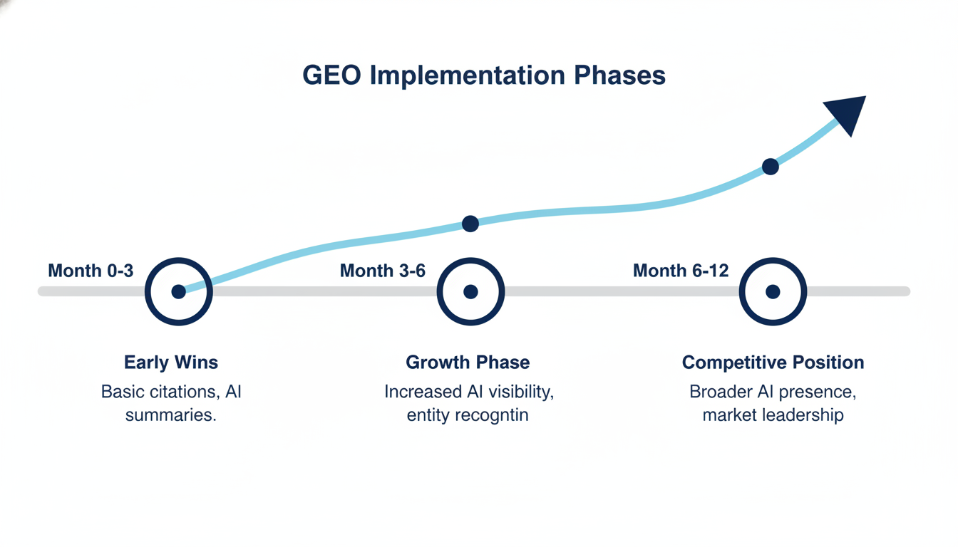 GEO timeline showing 3-6 month early wins and 6-12 month visibility growth phases, San Antonio