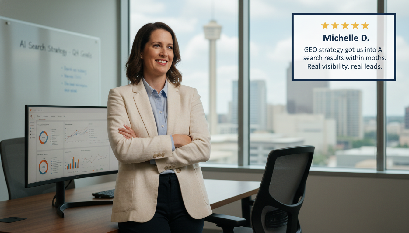 Satisfied business owner with 5-star review testimonial about GEO results, San Antonio