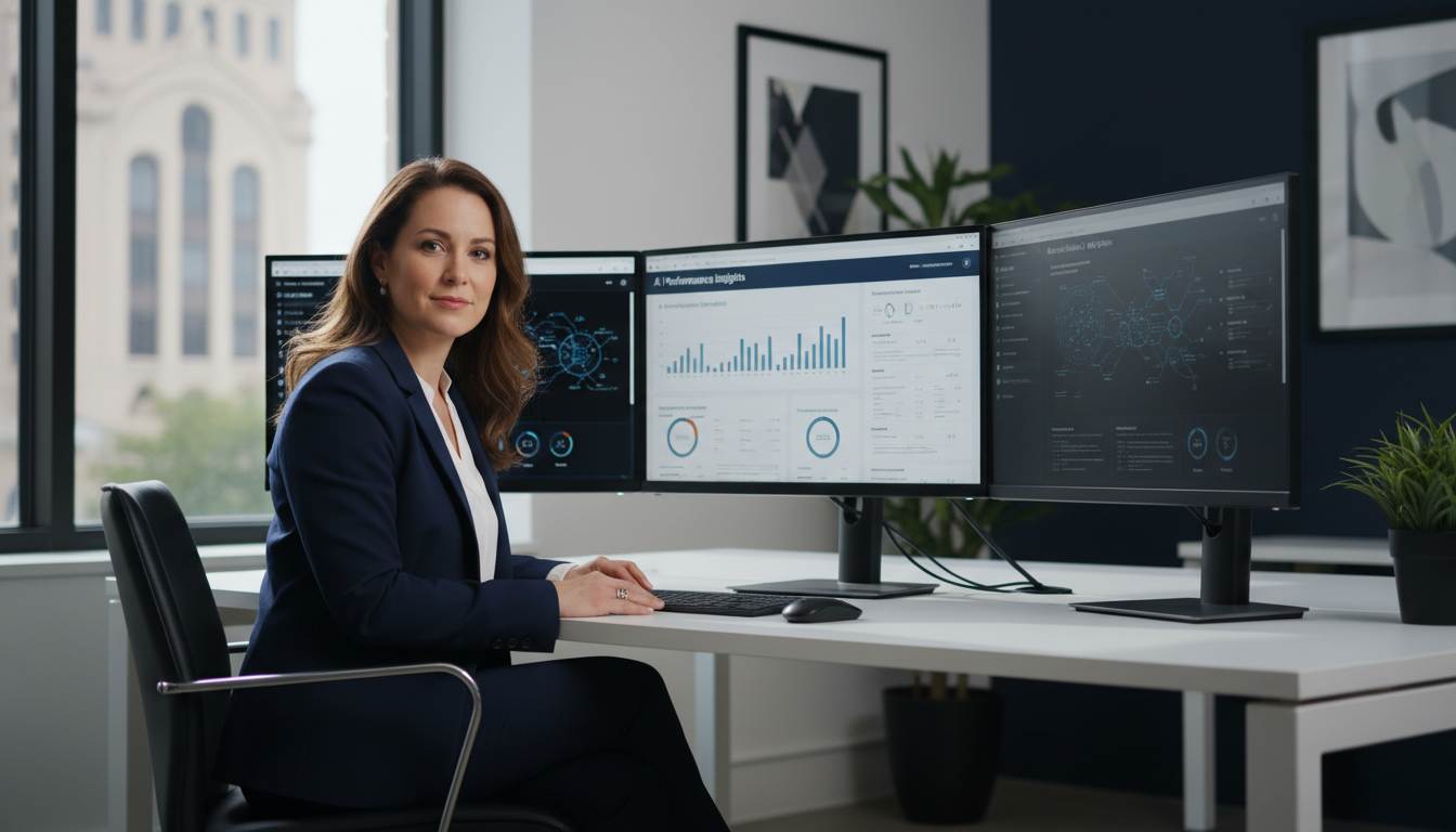 Digital marketing strategist working at modern office desk with AI analytics displays, GEO San Antonio service