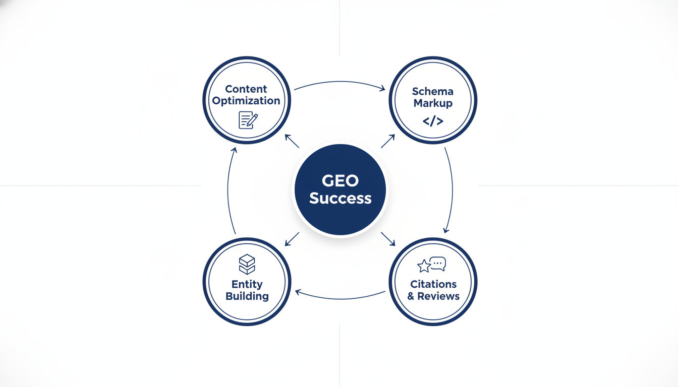 GEO building blocks diagram: content optimization, schema markup, entity building, citations, San Antonio