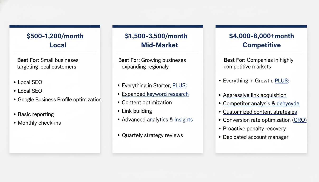 Three-tier pricing comparison: Starter, Growth, and Full-Service GEO packages, San Antonio