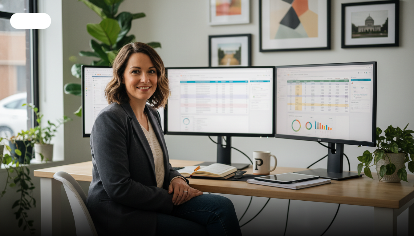 SEO strategist working at modern office desk with analytics dashboards, Portland Indiana AI SEO agency