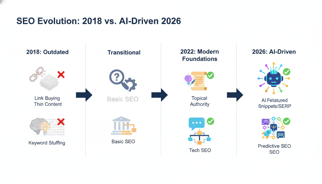 Timeline showing SEO evolution from outdated tactics to modern AI-driven strategy