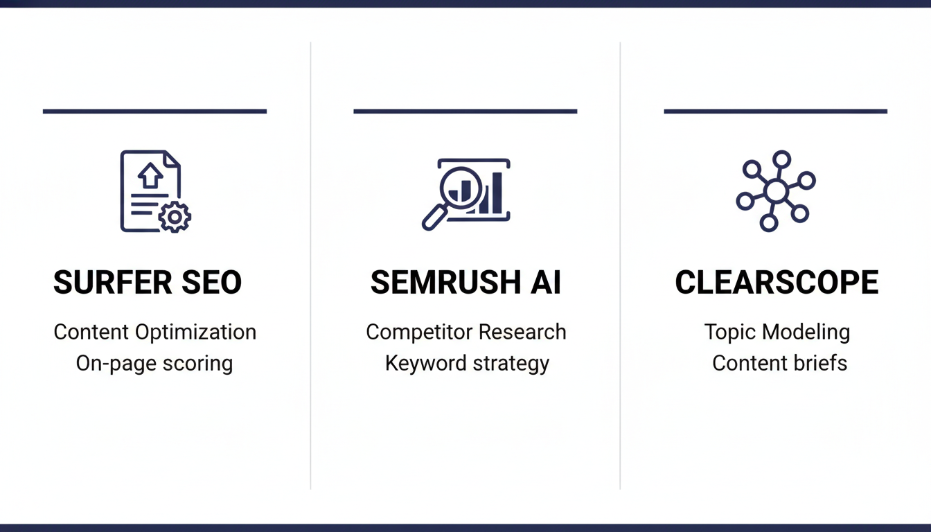 Comparison chart of three AI SEO tools: Surfer SEO, Semrush AI, and Clearscope features