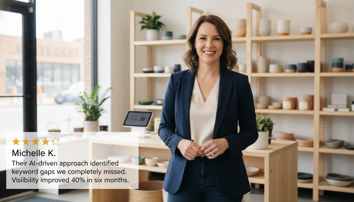 Business owner testimonial with 5-star review of AI SEO services and 40% visibility improvement
