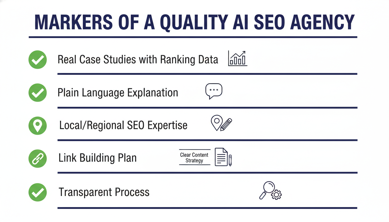 Checklist infographic showing six markers of quality AI SEO agencies for Santa Maria and Trenton