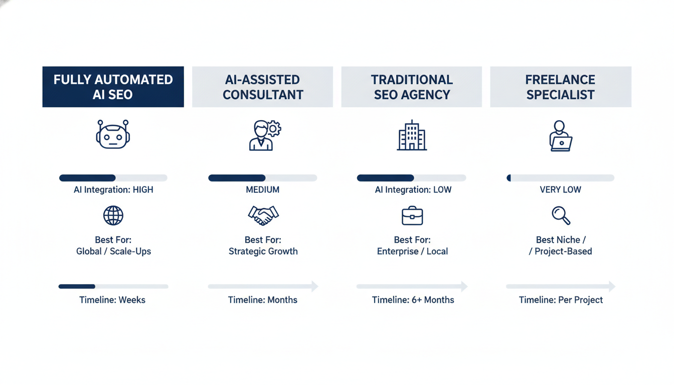 Four-column comparison chart of AI SEO service types with timelines and best-use categories