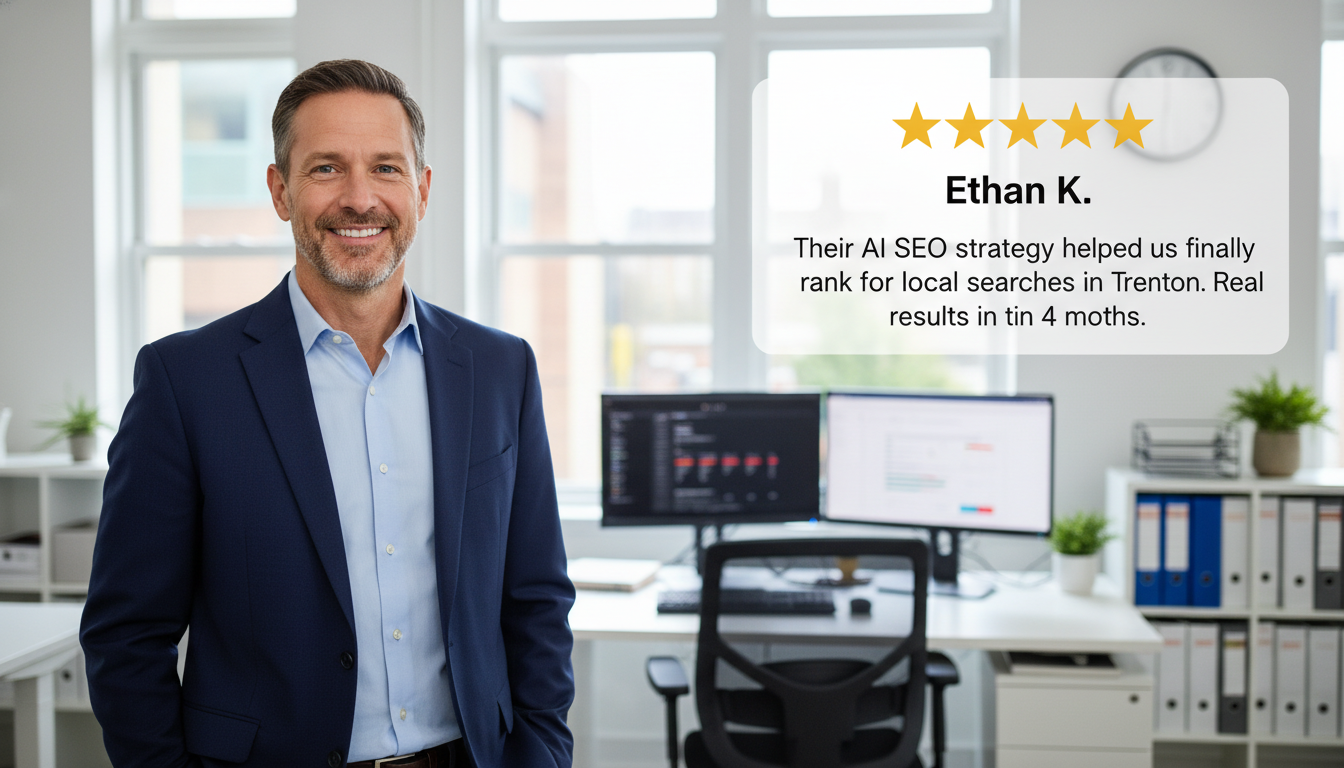 Business owner with five-star review overlay praising AI SEO results for Trenton business growth