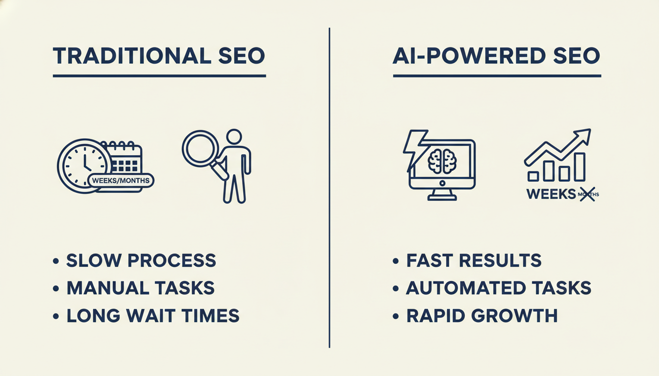 Comparison diagram showing traditional SEO versus AI-powered SEO speed and efficiency advantages