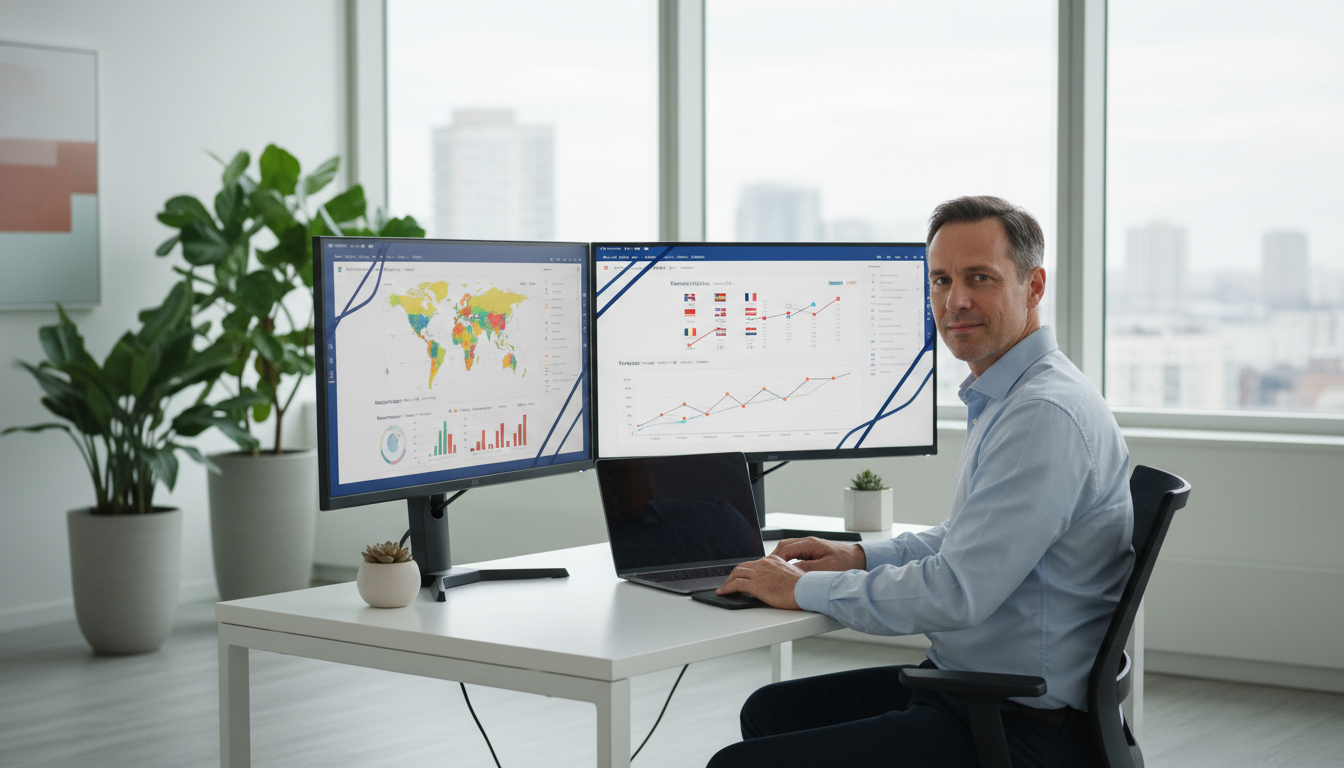 Professional consultant analyzing SEO analytics on monitors in modern office setting for AI SEO consulting in Trenton