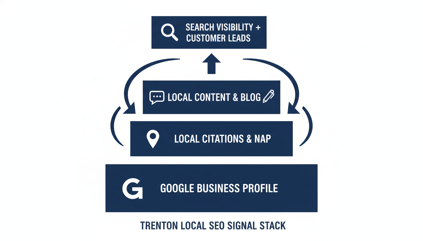Local SEO signal stack showing citations, GBP, and content building visibility