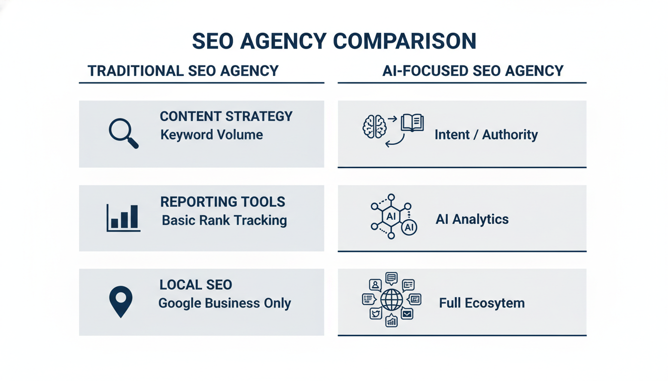 Comparison of traditional vs AI-focused SEO agency approach differences