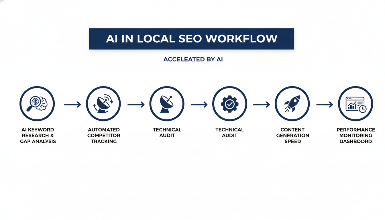 AI workflow diagram showing five steps of local SEO acceleration process