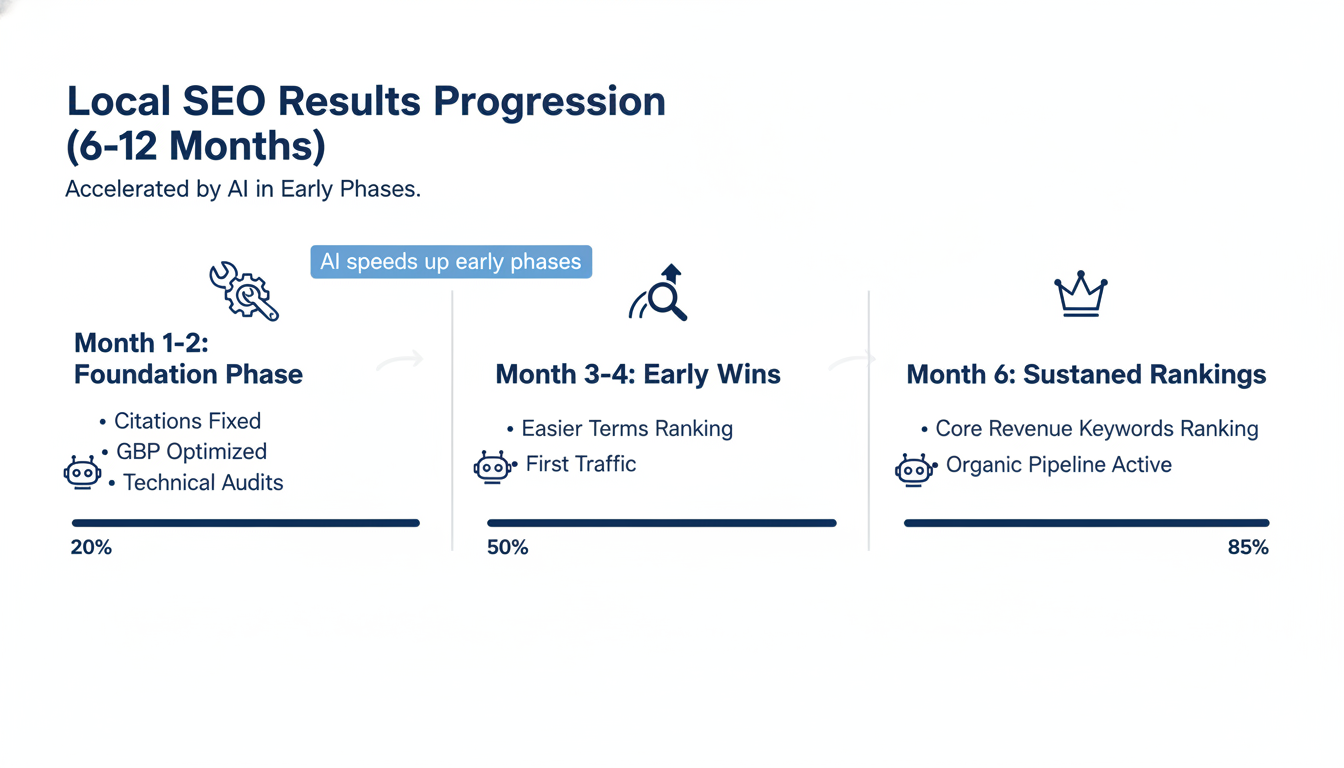 Six-month timeline showing local SEO results progression for Trenton businesses