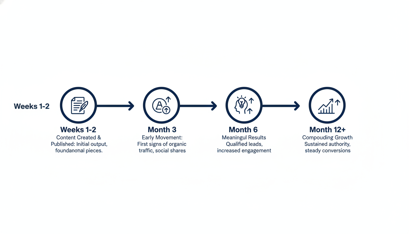 Content marketing timeline showing results from week 1 through month 12 for Trenton businesses