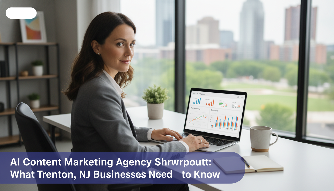 Content marketing strategist at modern office workstation reviewing SEO analytics dashboard in Trenton, NJ