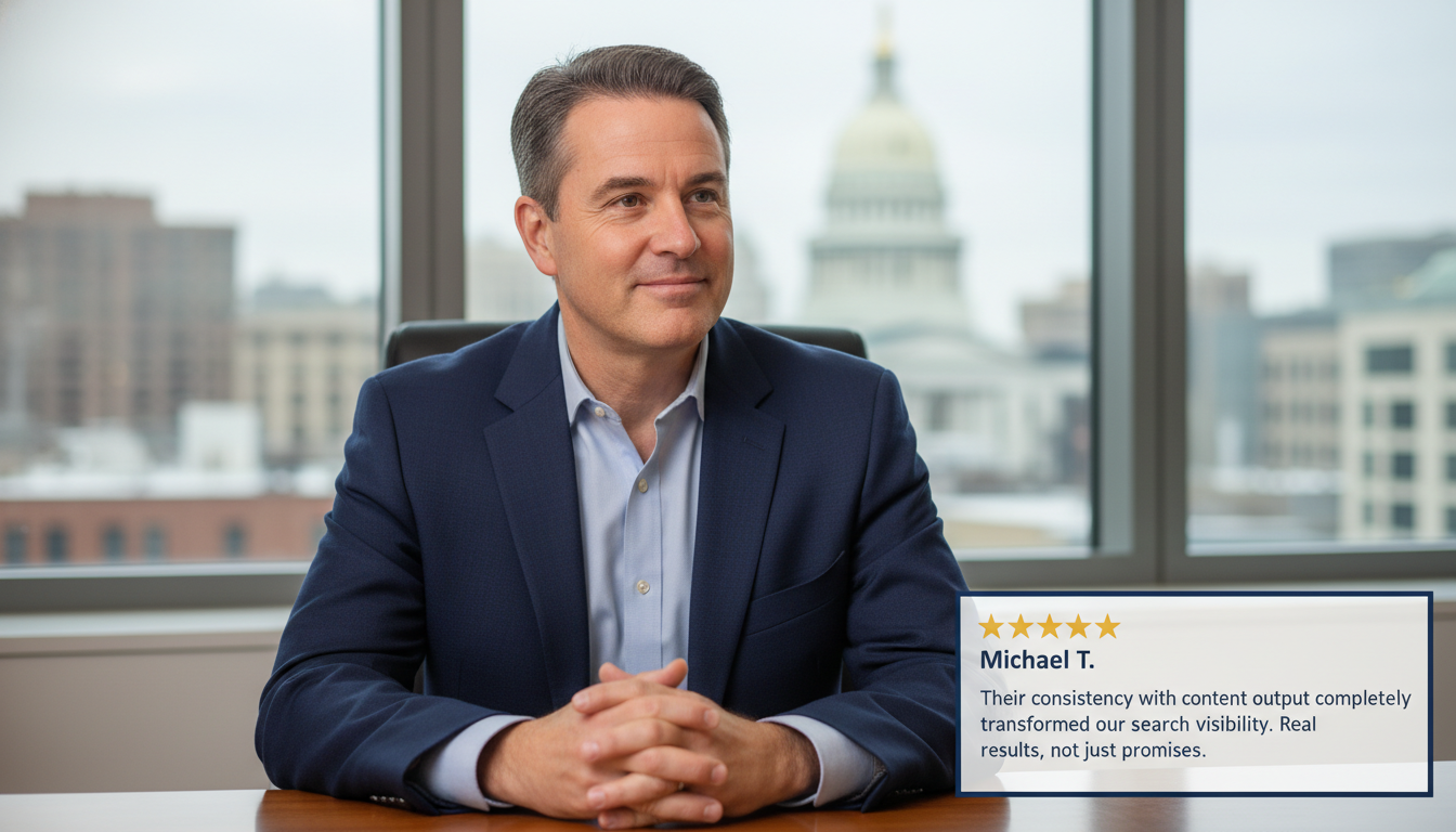 Business owner testimonial with 5-star review about content marketing results in Trenton, NJ