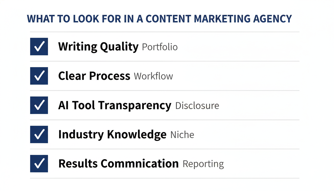 Checklist diagram of what to look for in content marketing agency selection for Trenton