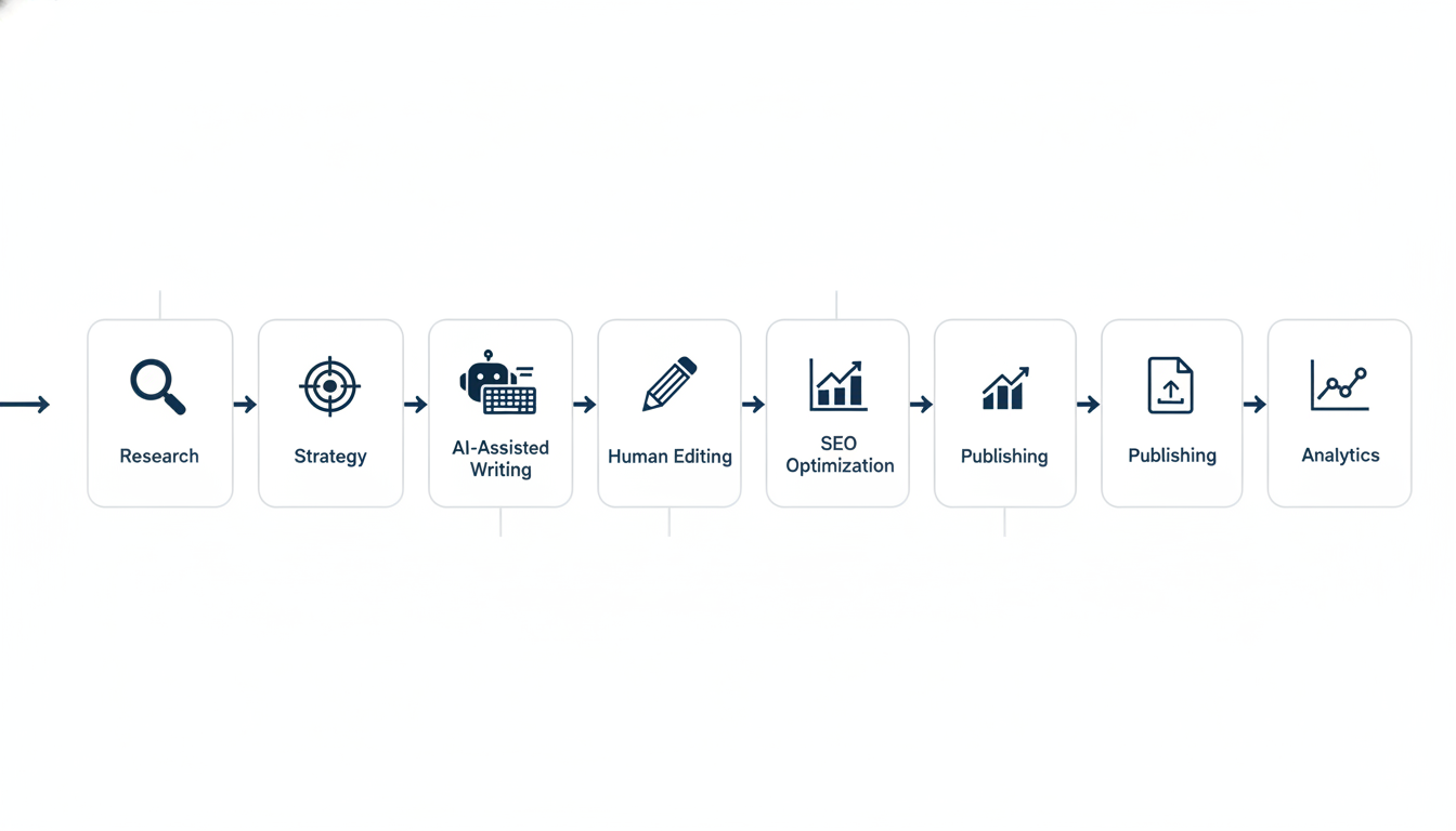 AI content marketing workflow process diagram showing research through analytics steps for Trenton