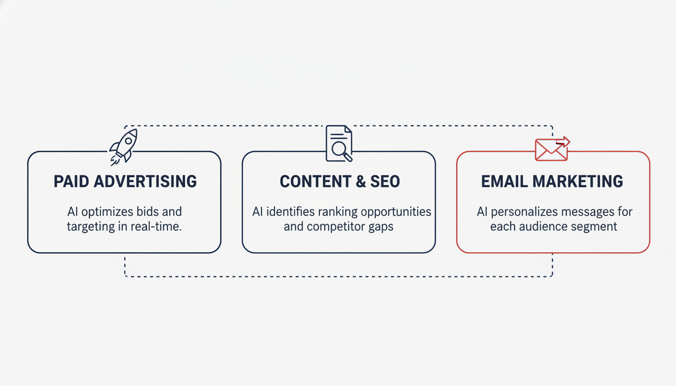 Three-part infographic showing AI marketing building blocks: Paid Advertising, Content & SEO, and Email Marketing for Memphis businesses