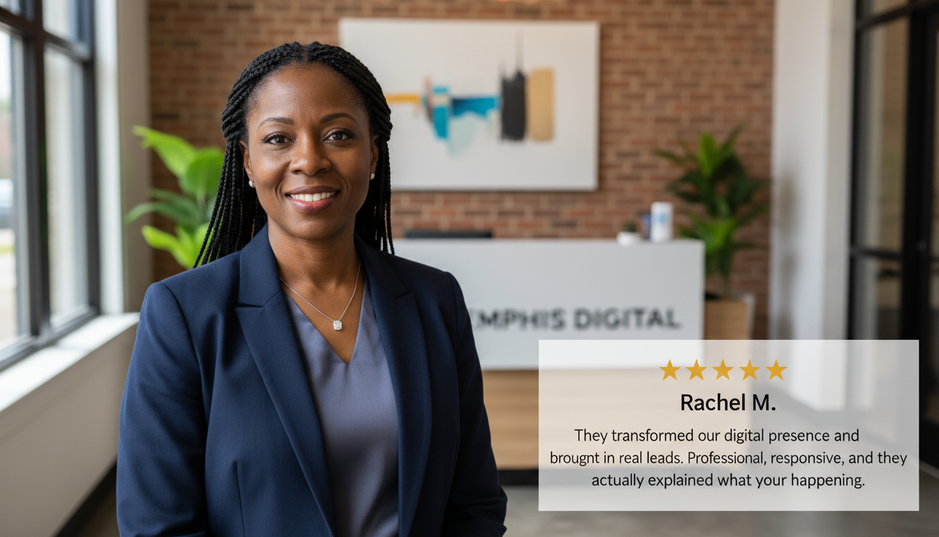 Memphis business owner with 5-star testimonial review overlay praising AI marketing agency results and professional service