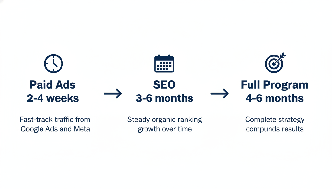 Timeline infographic showing results timeframe: Paid Ads 2-4 weeks, SEO 3-6 months, Full Program 4-6 months for Memphis marketing