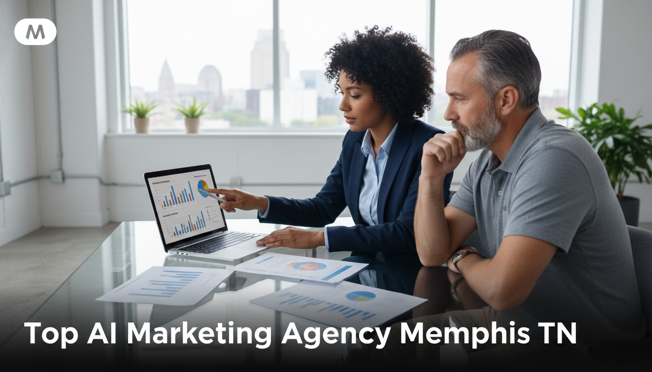 Marketing consultant and business owner reviewing AI campaign analytics at conference table in modern Memphis office with skyline view